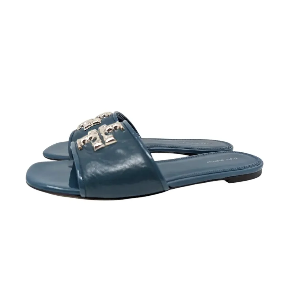 Tory Burch Eleanor Sandals Brisk Blue Leather Slides Logo‎ Size 8